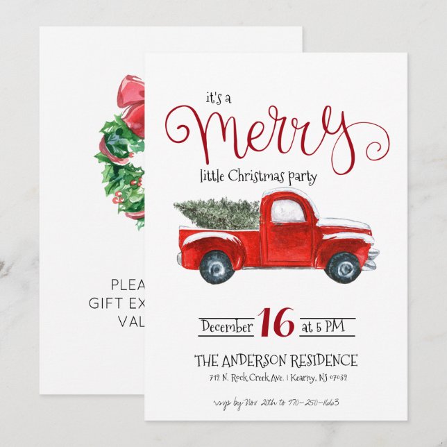 Invitation de Noël vintage Camion Rouge (Devant / Derrière)