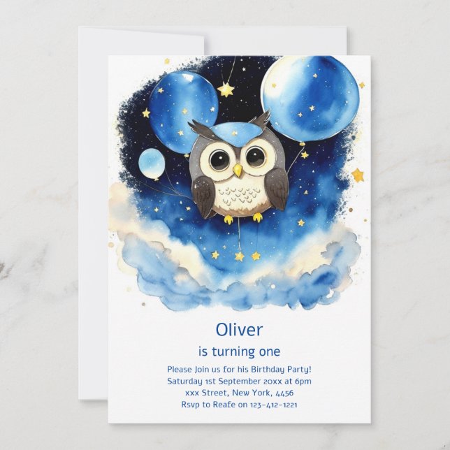 Invitation de Owl First Birthday (Devant)