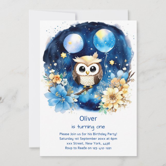 Invitation de Owl First Birthday (Devant)