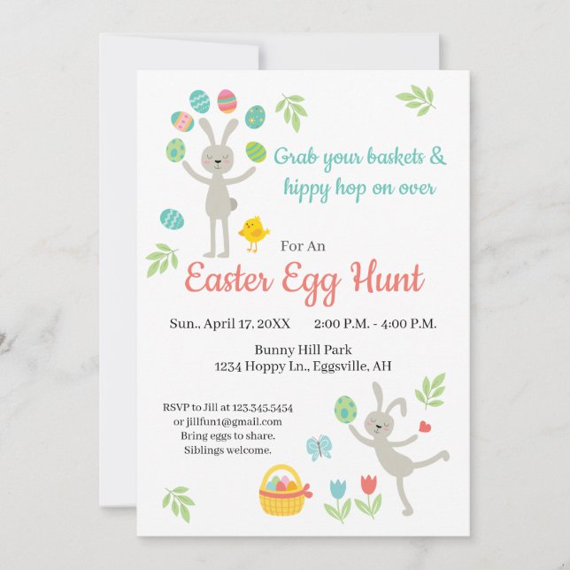 Invitation de Pâques Lapin qui saute et chasse aux (Devant)