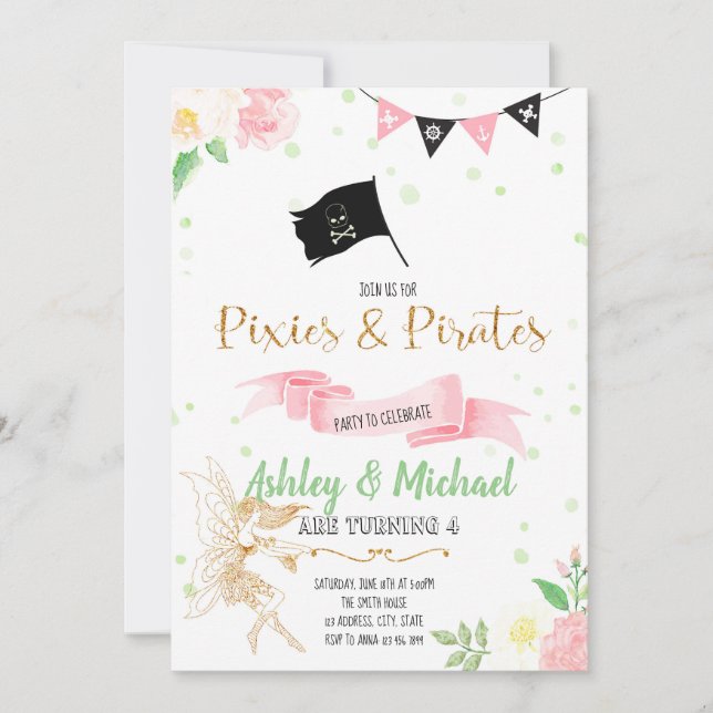 Invitation de partie de fée et de pirate (Devant)