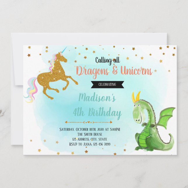 Invitation de partie de licorne de dragon (Devant)