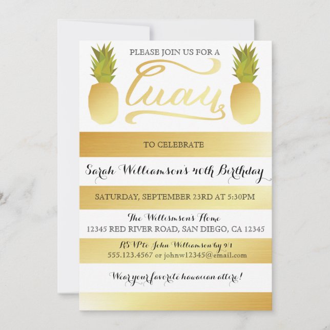 Invitation de partie de Luau d'or pour (Devant)