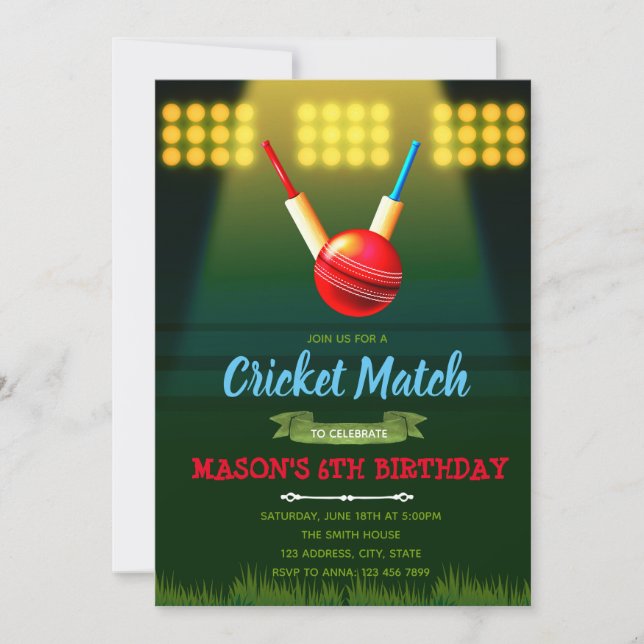 Invitation de partie de thème de cricket (Devant)