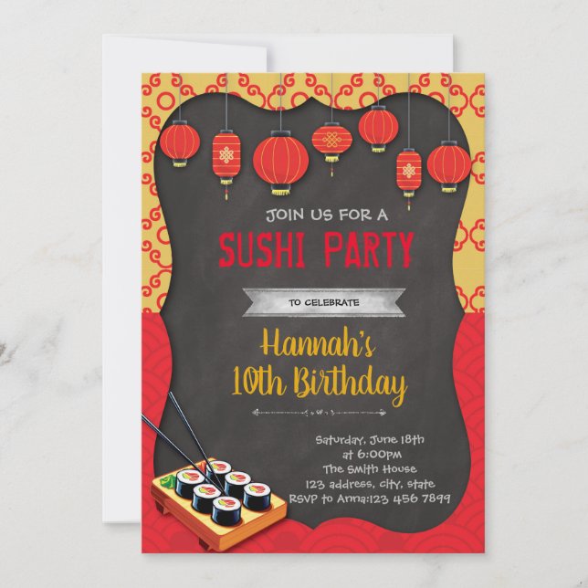 Invitation de partie de thème de sushi (Devant)