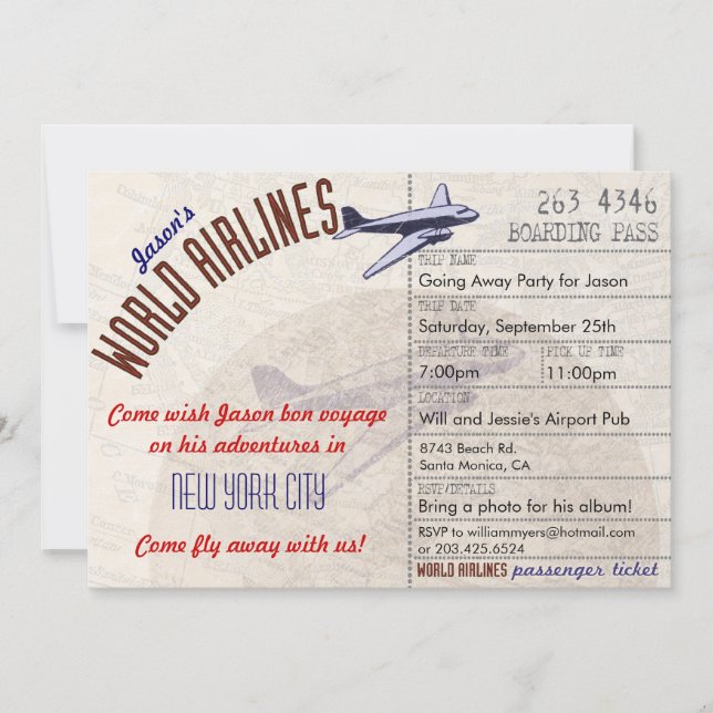 Invitation de partie de voyage de fève de billet (Devant)