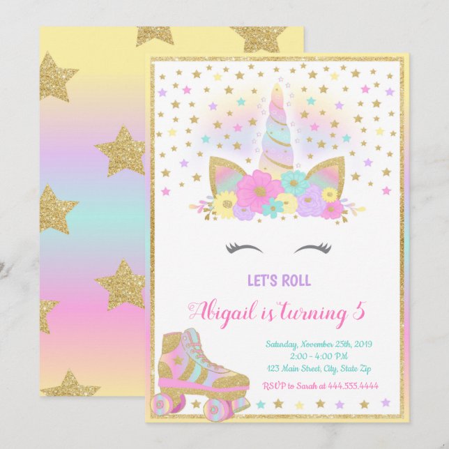 Invitation de patin à roulettes licorne, Licorne (Devant / Derrière)