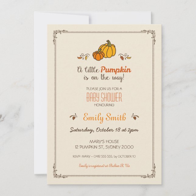 Invitation de petits Citrouilles Baby showers (Devant)