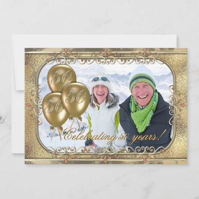 Invitation de photo de ballon d'anniversaire d'or (Devant)