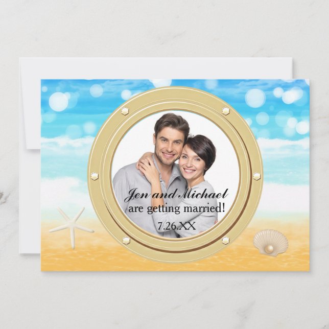 Invitation de photo de mariage de coquillage de cr (Devant)