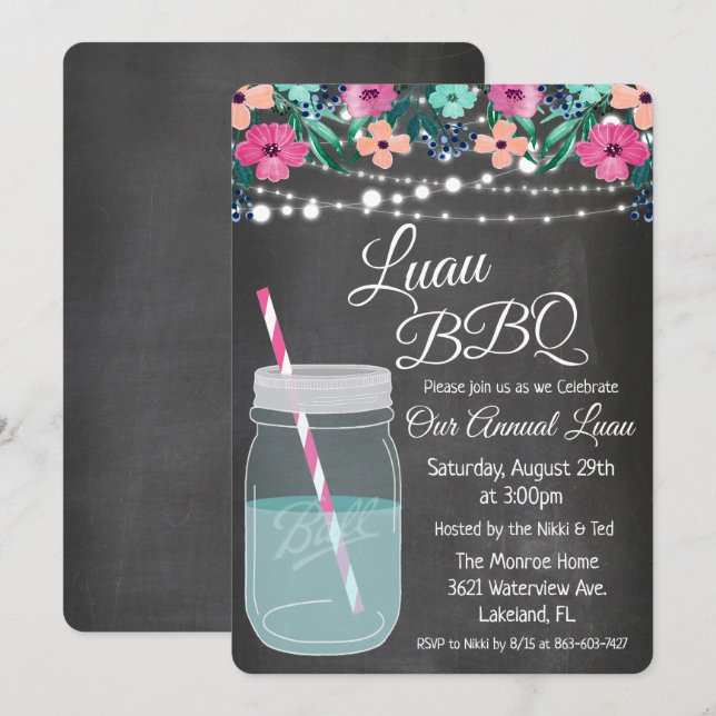 Invitation de pot de mason Luau Aloha (Devant / Derrière)