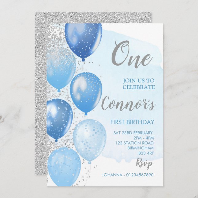 Invitation de premier anniversaire bleu et argent (Devant / Derrière)