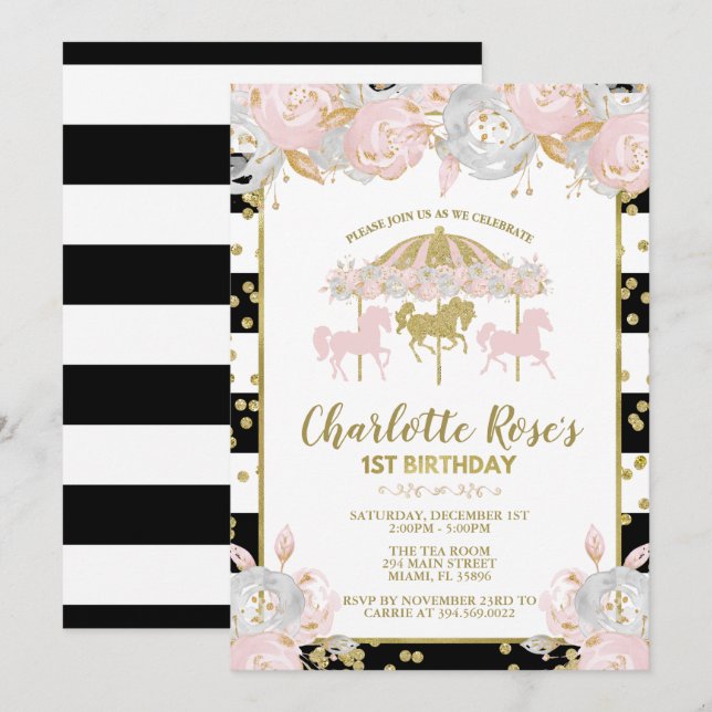 Invitation de premier anniversaire Carousel rose e (Devant / Derrière)