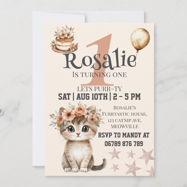 Invitation de premier anniversaire de chat pour fi (Devant)
