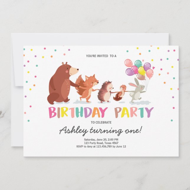 Invitation de premier anniversaire de forêt Animau (Devant)