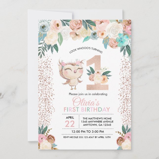 Invitation de premier anniversaire de Peachy Owl (Devant)