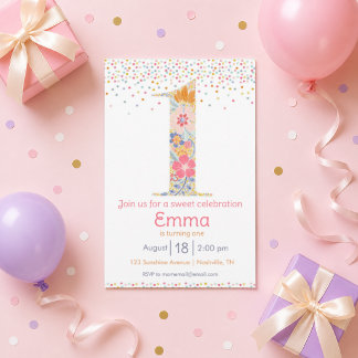 Invitation de premier anniversaire floral fantaisi