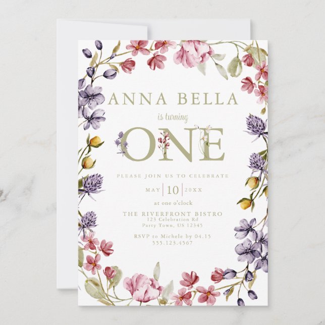 Invitation de premier anniversaire florale (Devant)