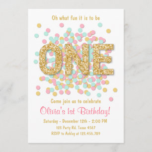 Invitation de premier anniversaire Girl Pink Gold 
