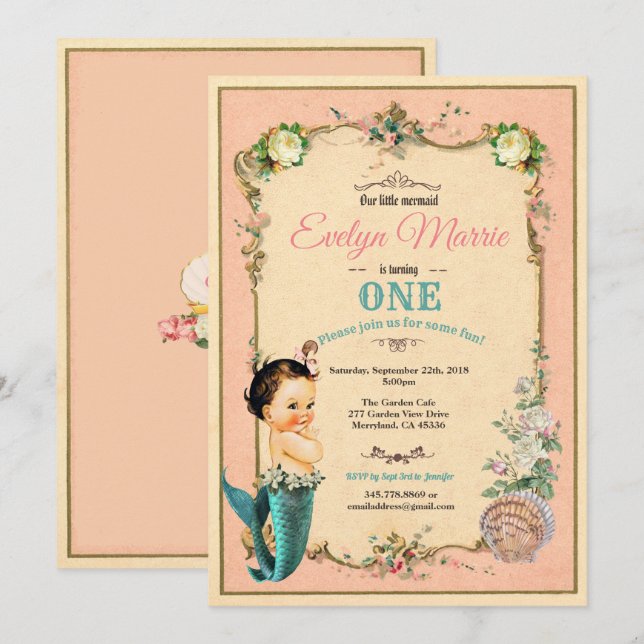 Invitation de premier anniversaire Mermaid rose 1e (Devant / Derrière)