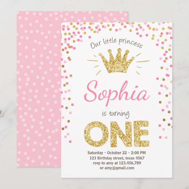 Invitation de premier anniversaire Princesse Gold  (Devant / Derrière)