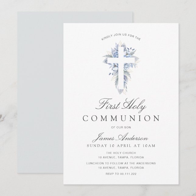 invitation de première communion avec croix floral (Devant / Derrière)