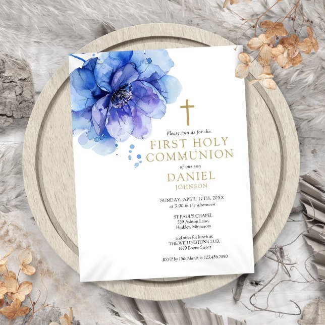Invitation de première communion florale aquarelle (Watercolor Floral Blue First Holy Communion Invite)