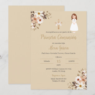 Invitation de première communion florale beige