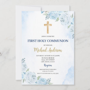 Invitation de première communion florale bleue