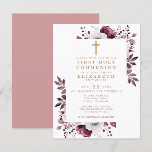 Invitation de première communion florale rose bohè