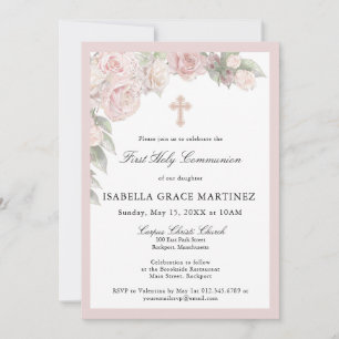 Invitation de première communion florale rose rose