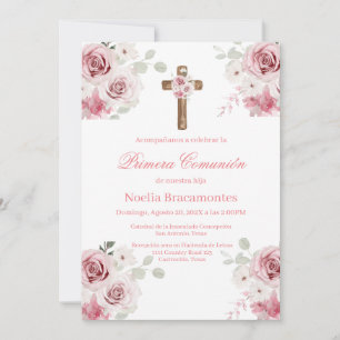 Invitation de première communion rose rose en espa