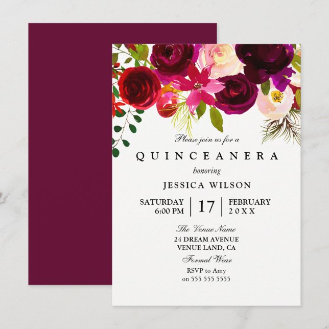 Invitation de Quinceanera à fleurs roses de Bourgo (Devant / Derrière)