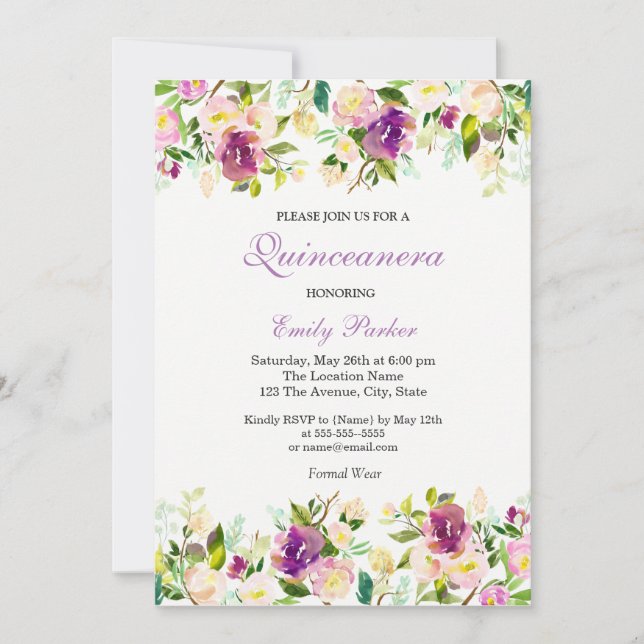 Invitation de Quinceanera à fleurs violettes (Devant)