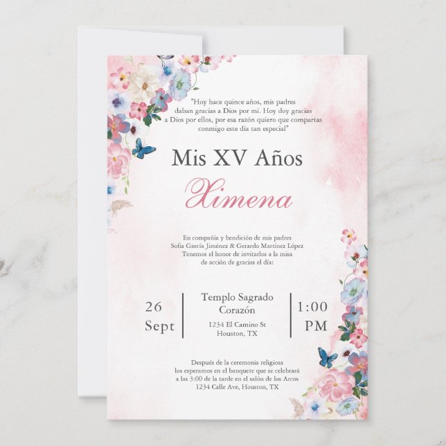 Invitation de Quinceañera à la Fleur de printemps  (Devant)