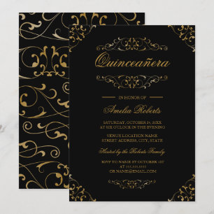 Invitation de Quinceañera à motif flourish Or Noir
