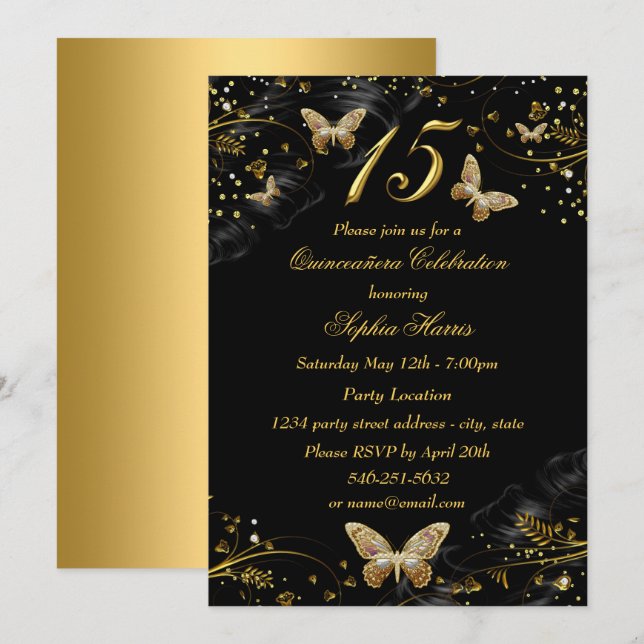 Invitation de Quinceanera à papillon noir en or ét (Devant / Derrière)