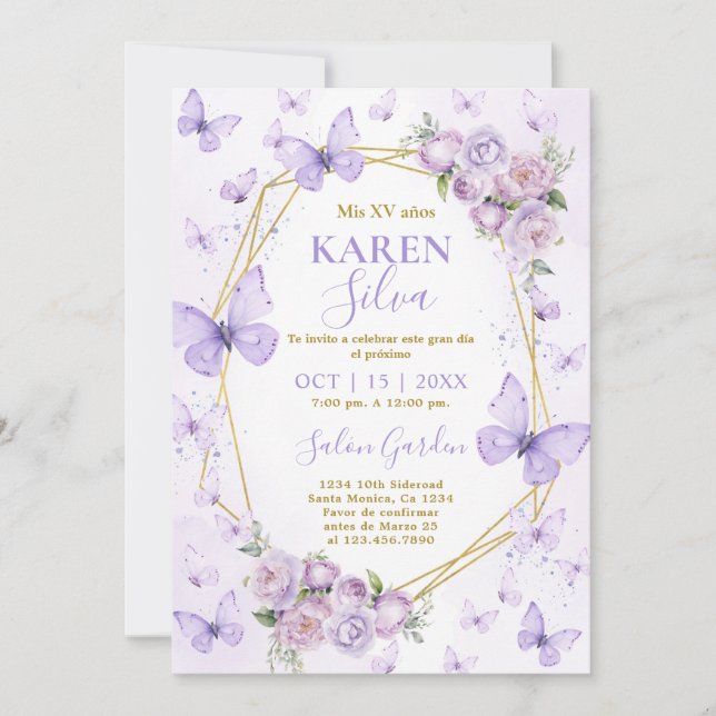 Invitation de Quinceanera à papillon pourpre (Devant)