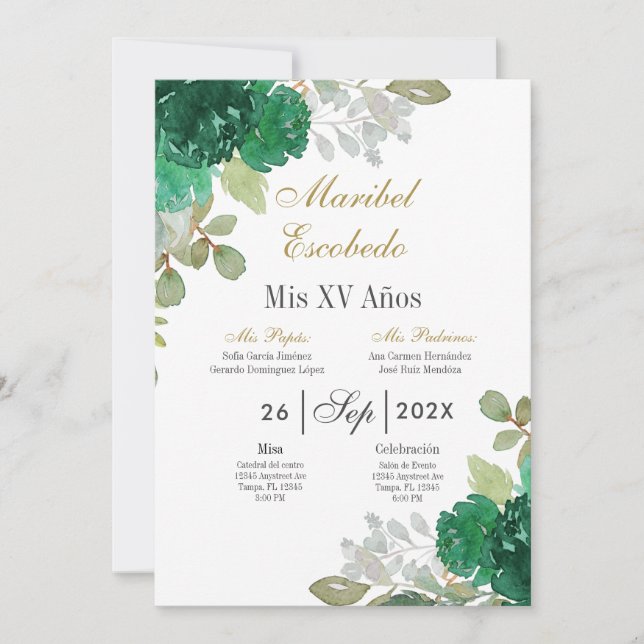 Invitation de Quinceanera aux fleurs d'émeraude (Devant)