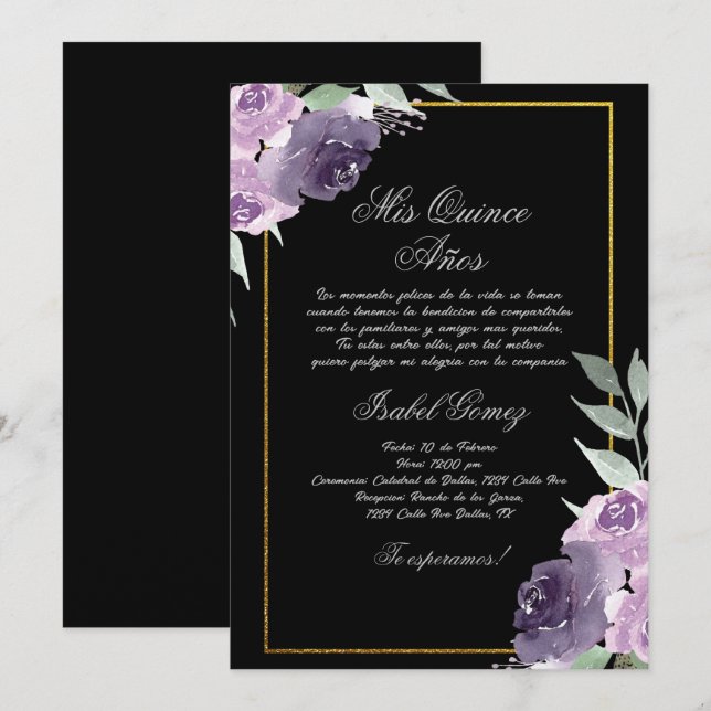 Invitation de Quinceanera aux fleurs violettes noi (Devant / Derrière)