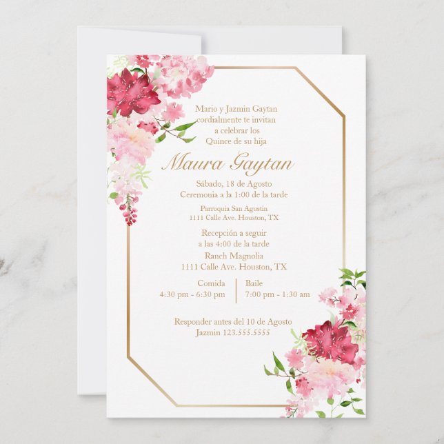 Invitation de quinceañera avec cadre rose (Devant)