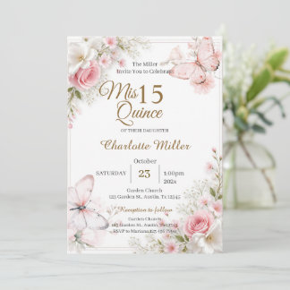 Invitation de Quinceanera avec papillons roses flo