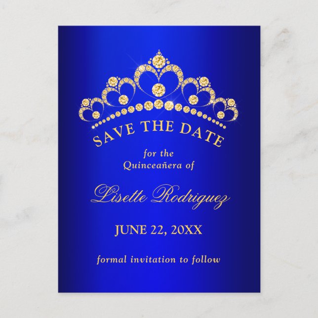 Invitation de Quinceañera Bleu et Or à Sauvegarder (Devant)