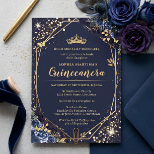 Invitation de Quinceanera bleu marine et or