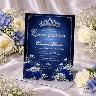 Invitation de Quinceañera bleu royal et argent 