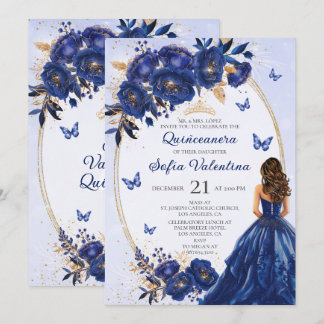 Invitation de Quinceañera Bleu Royal et Or