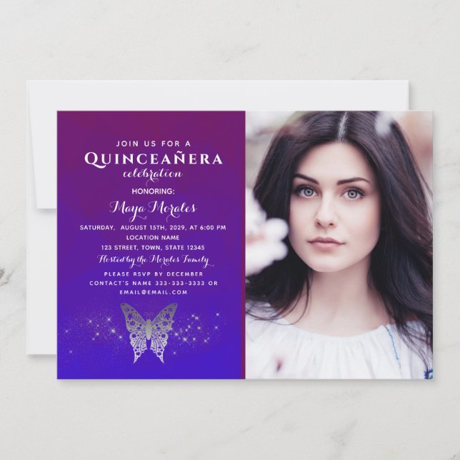 Invitation de Quinceañera bleu royal pourpre (Devant)
