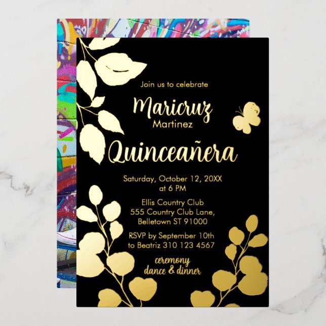 Invitation de Quinceañera Botanical Black Gold Foi (Recto/Verso)