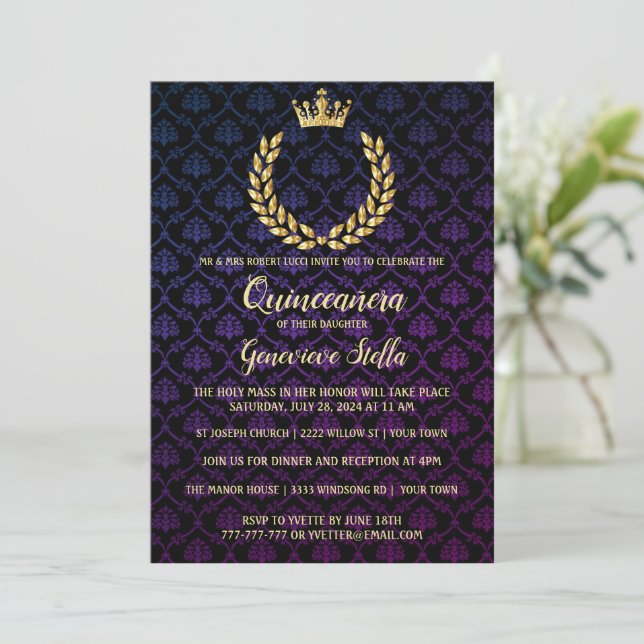 Invitation de Quinceanera couronne or brillant (Debout devant)
