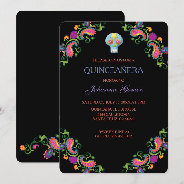 INVITATION DE QUINCEAÑERA DIA DE LOS MUERTOS (Devant / Derrière)
